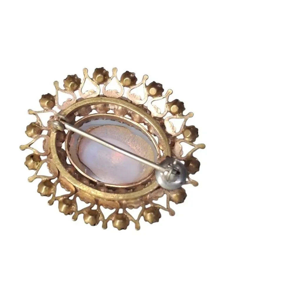 Vintage Gold Tone Brooch with Faux Opal Center & Clear Rhinestones | Unsigned Mi